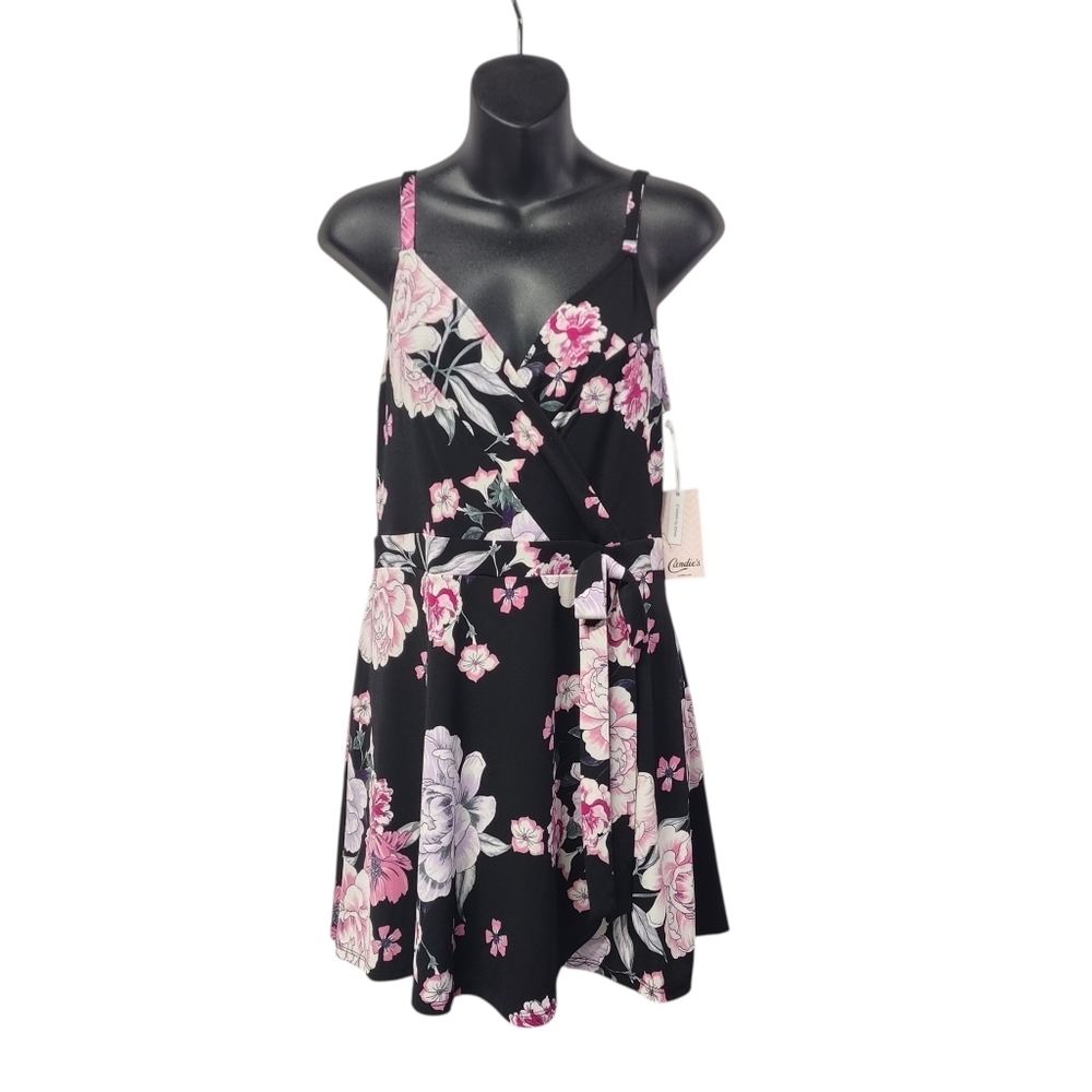 Candie's Black Pink Floral Wrap Mini Dress Size M Spaghetti Strap Tie Waist NWT